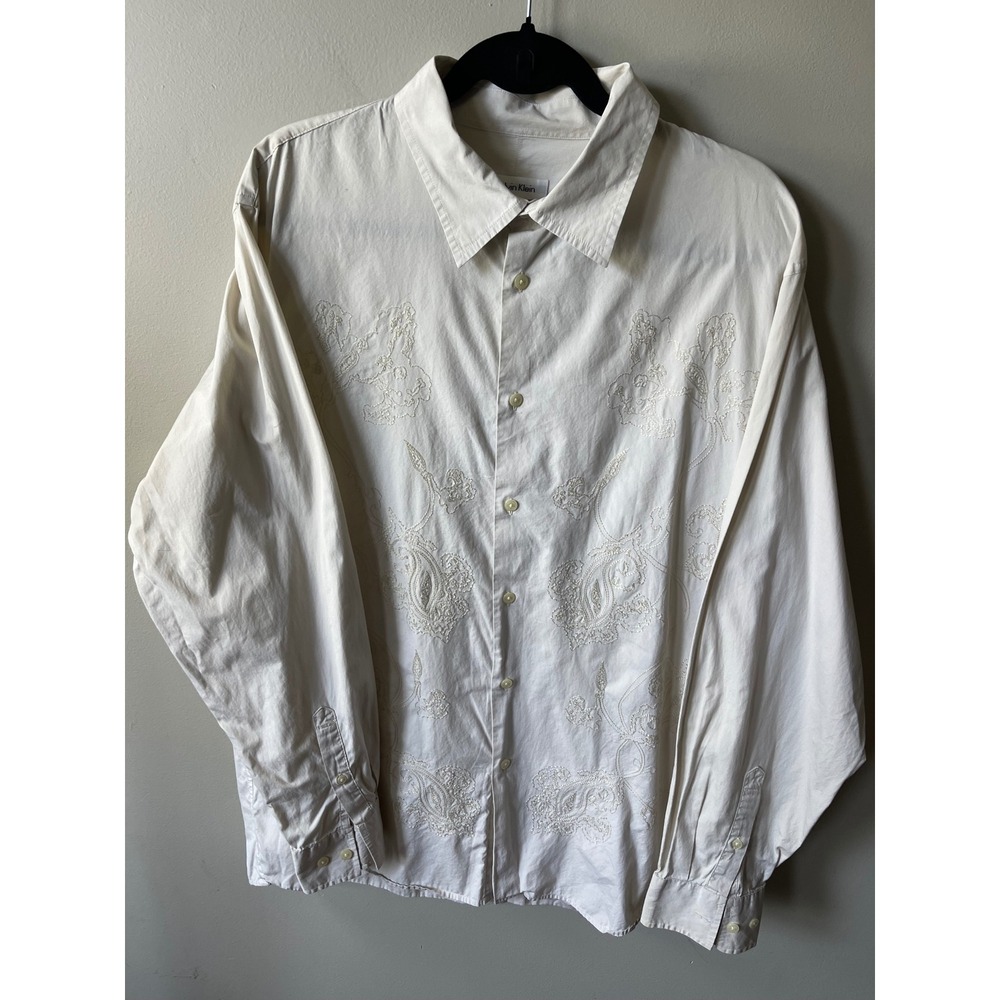 Calvin Klein Mens XL Cream Cotton Paisley Embroidered Long Sleeve Button Down